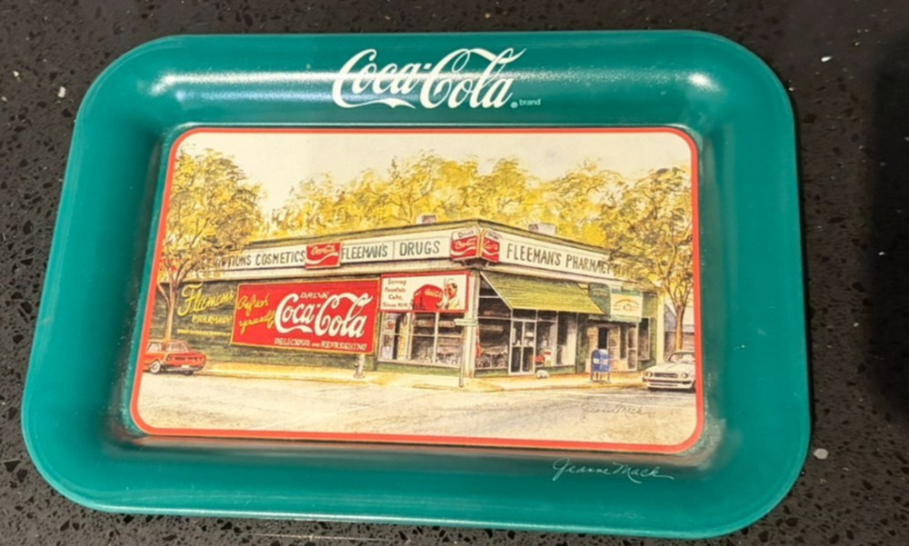 Coca-Cola Tray featuring Jeanne Mack's work of Fleeman's Pharmacy
